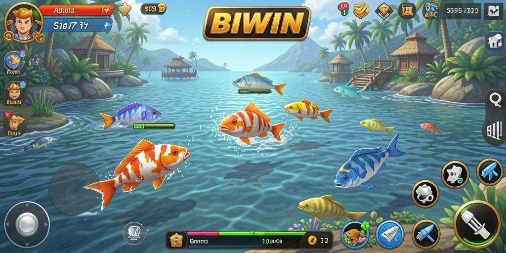 Tampilan gameplay seru dari BIWIN dengan menembak ikan.