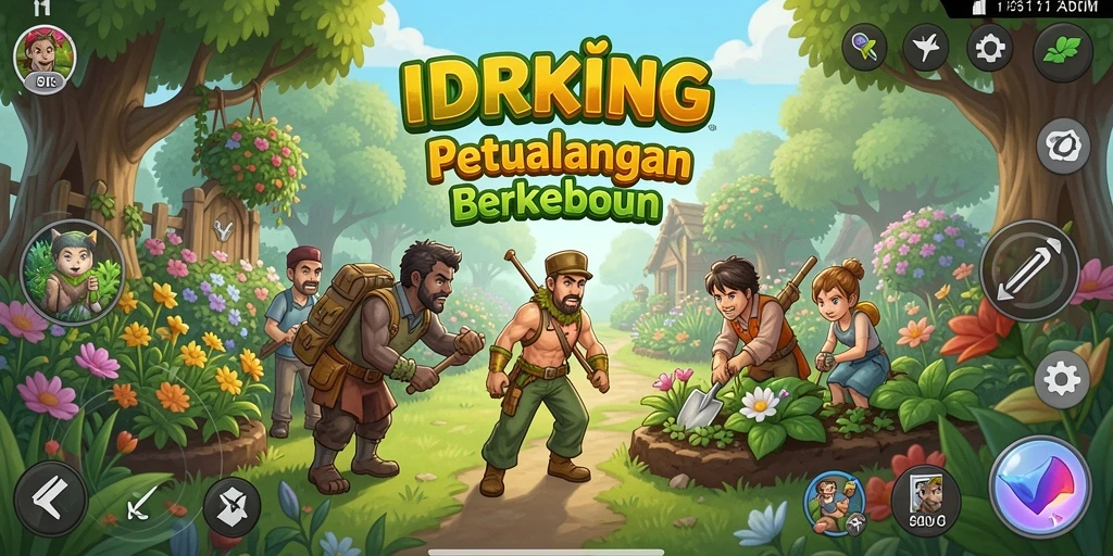 Tampilan gameplay <strong>IDRKING</strong> menunjukkan kebun yang luas dan tanaman yang subur.