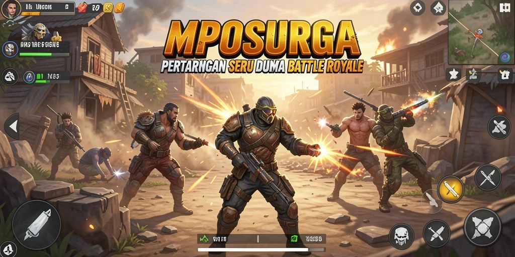 Screenshot gameplay MPOSURGA menampilkan pertarungan seru di arena Battle Royale.