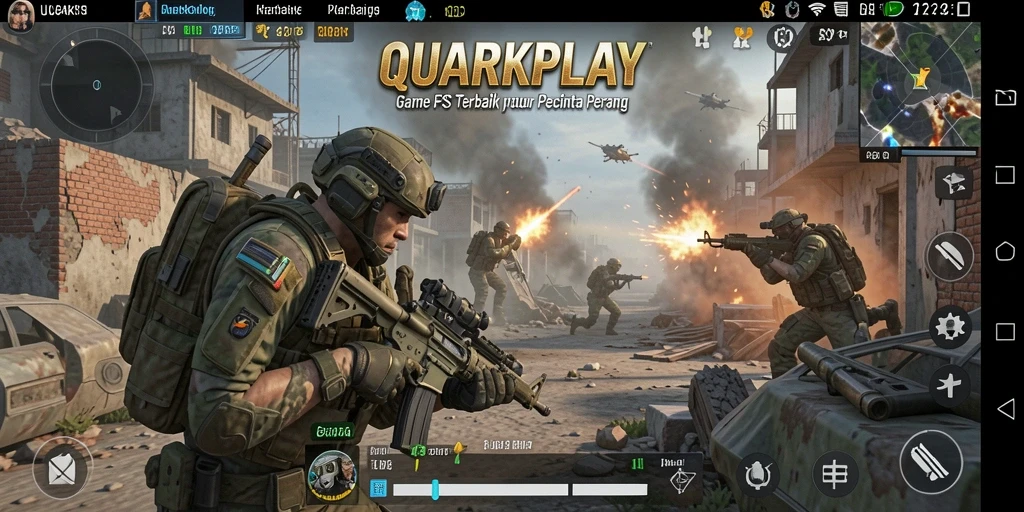 Tangkapan layar QUARKPLAY menampilkan adegan pertempuran intens dalam mode FPS.